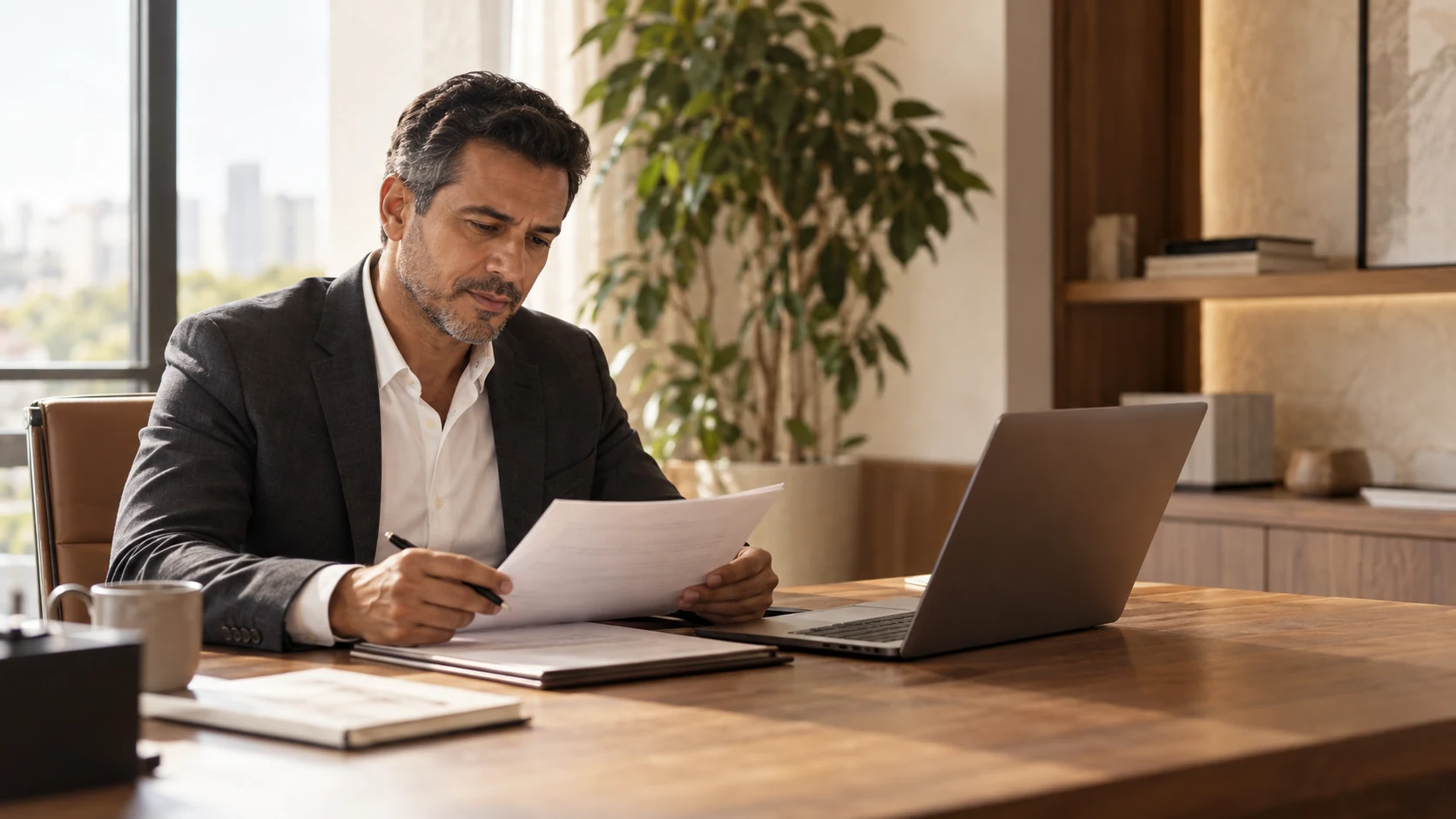 Advogado trabalhando em um escritório contemporâneo, com notebook e documentos sobre a mesa